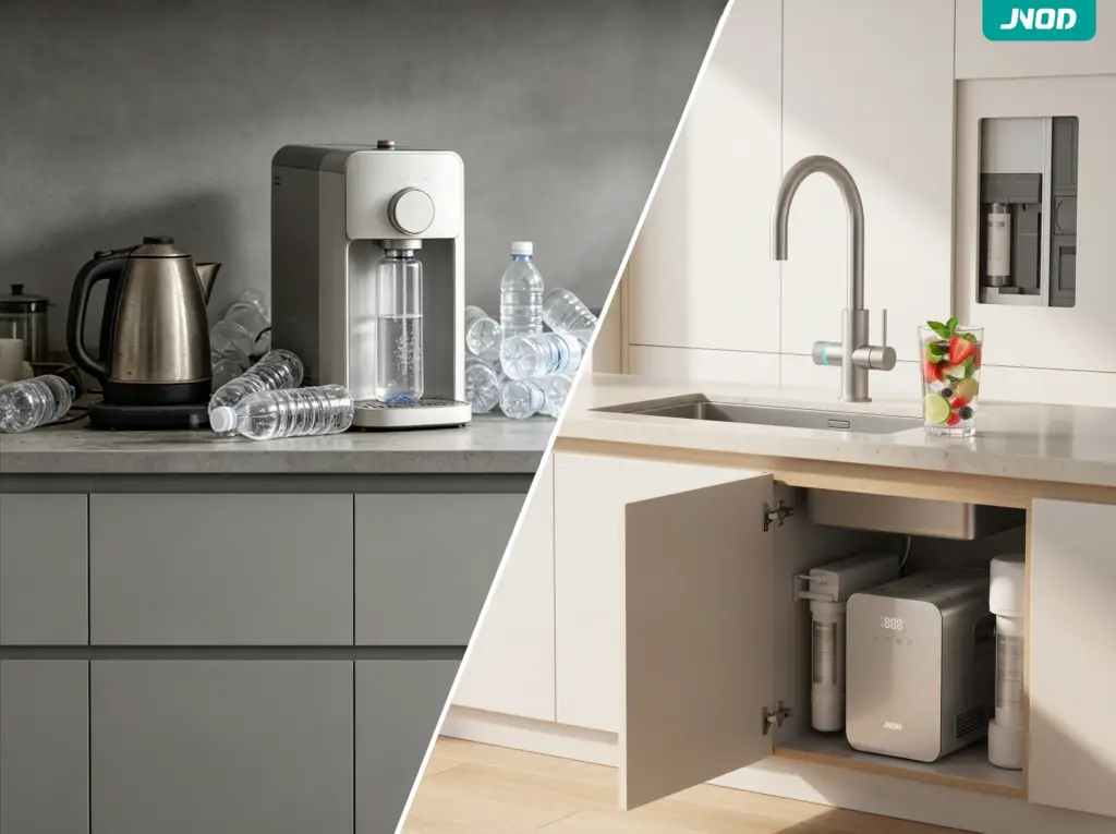 Decluttered kitchen countertop with integrated 7-in-1 water system