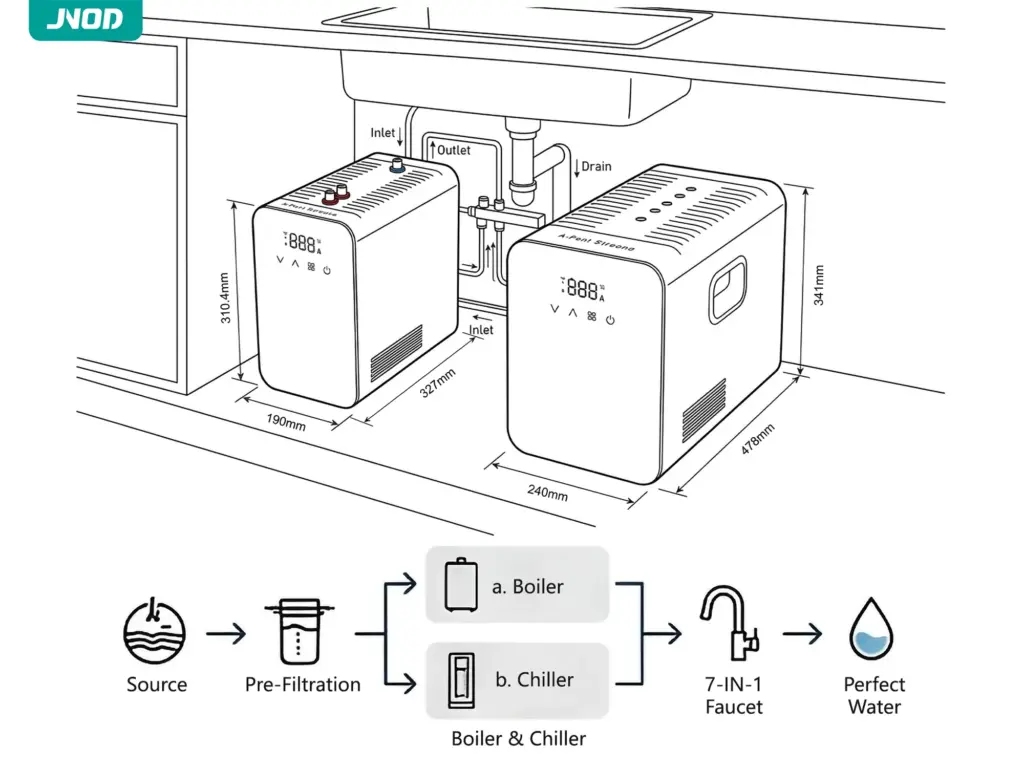 Modular under-sink installation of 7-in-1 boiling and sparkling water unit