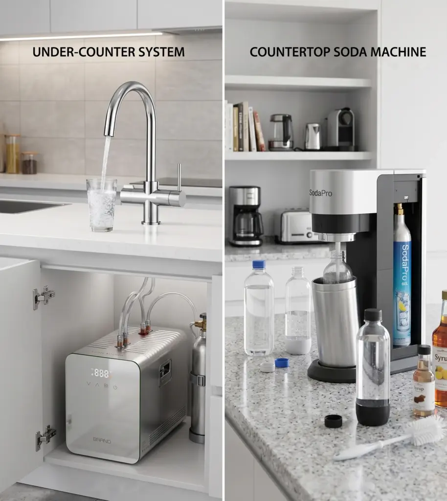 Under-counter sparkling water dispenser vs countertop soda machine in a modern kitchen