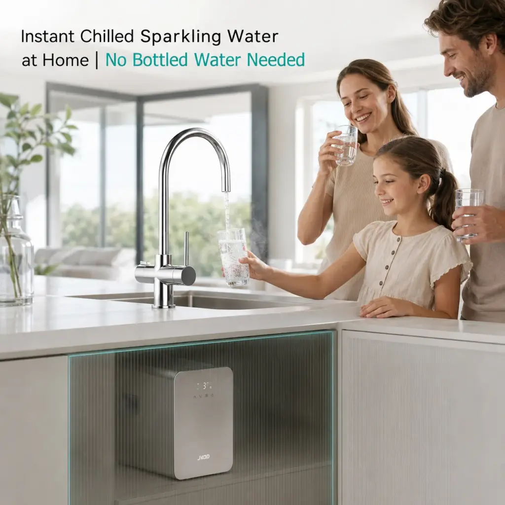 Instant chilled sparkling water at home from an under-counter sparkling water dispenser