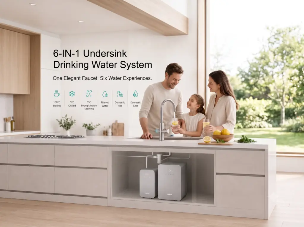 6-in-1 undersink drinking water system in a modern kitchen