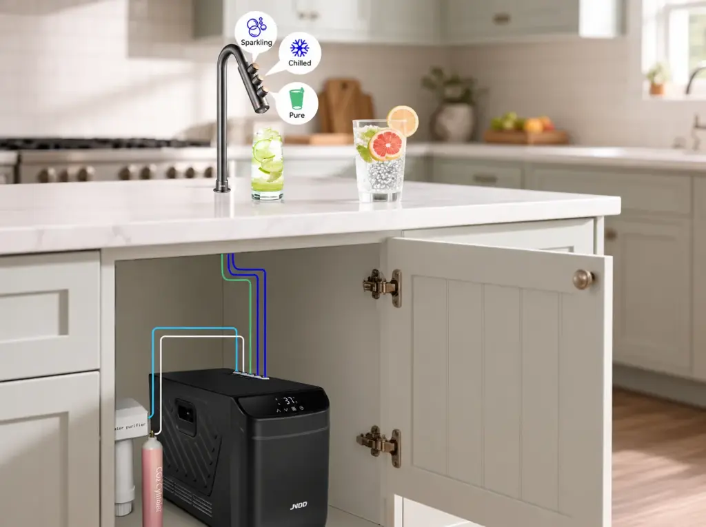 JNOD under-counter water dispenser installation showing a sparkling water chiller, CO2 cylinder and countertop tap
